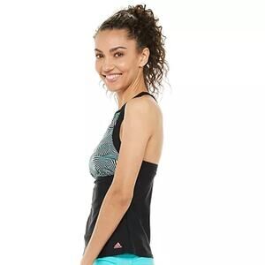 Adidas Swimsuit Womens Large Black Blue Geometric Print Racerback Athletic Swim